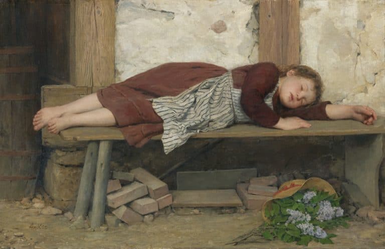 ילדה ישנה על ספסל עץ - Albert Anker